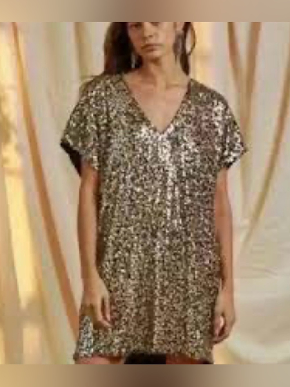 By Together Champagne Sequin V-Neck Short Sleeve Shift Mini Tunic Dress - Picture 2 of 11